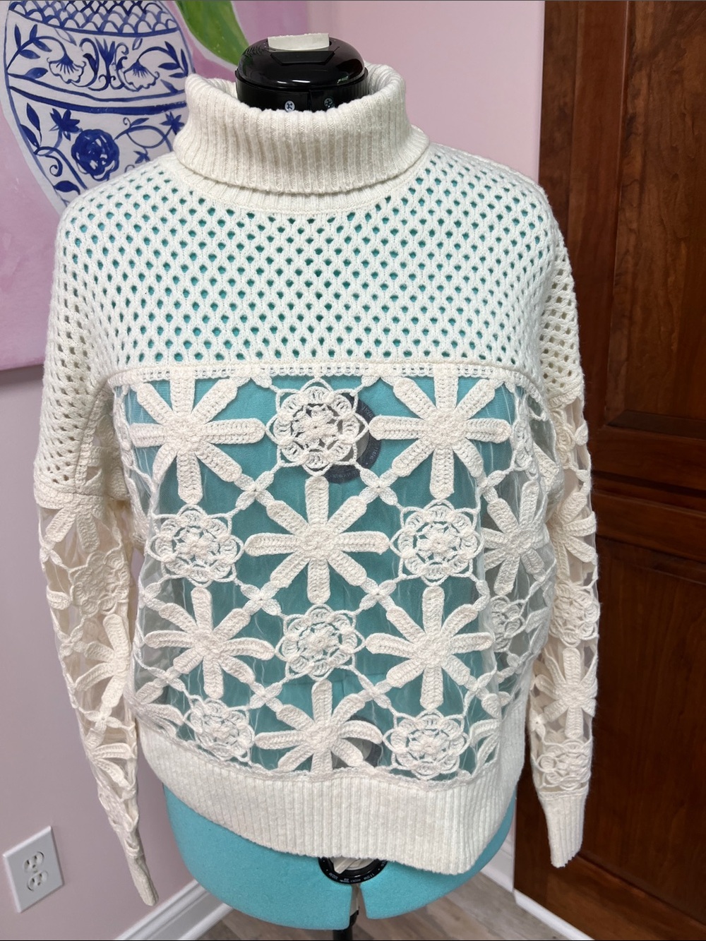 Cream Crochet Turtleneck Sweater